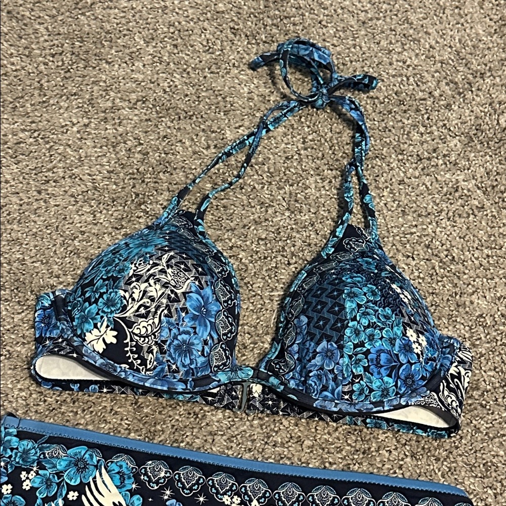 Johnny Was Blue Phoenix Halter Bikini Top and High Waist Bottom small - Picture 4 of 6